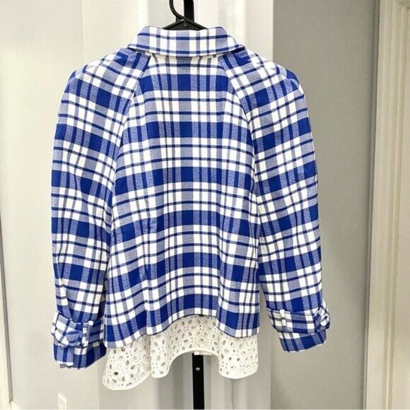 LEWIT Lace Eyelet Plaid Patterned Jacket Blue White  Layered Look Sz Small Fall - Picture 6 of 6